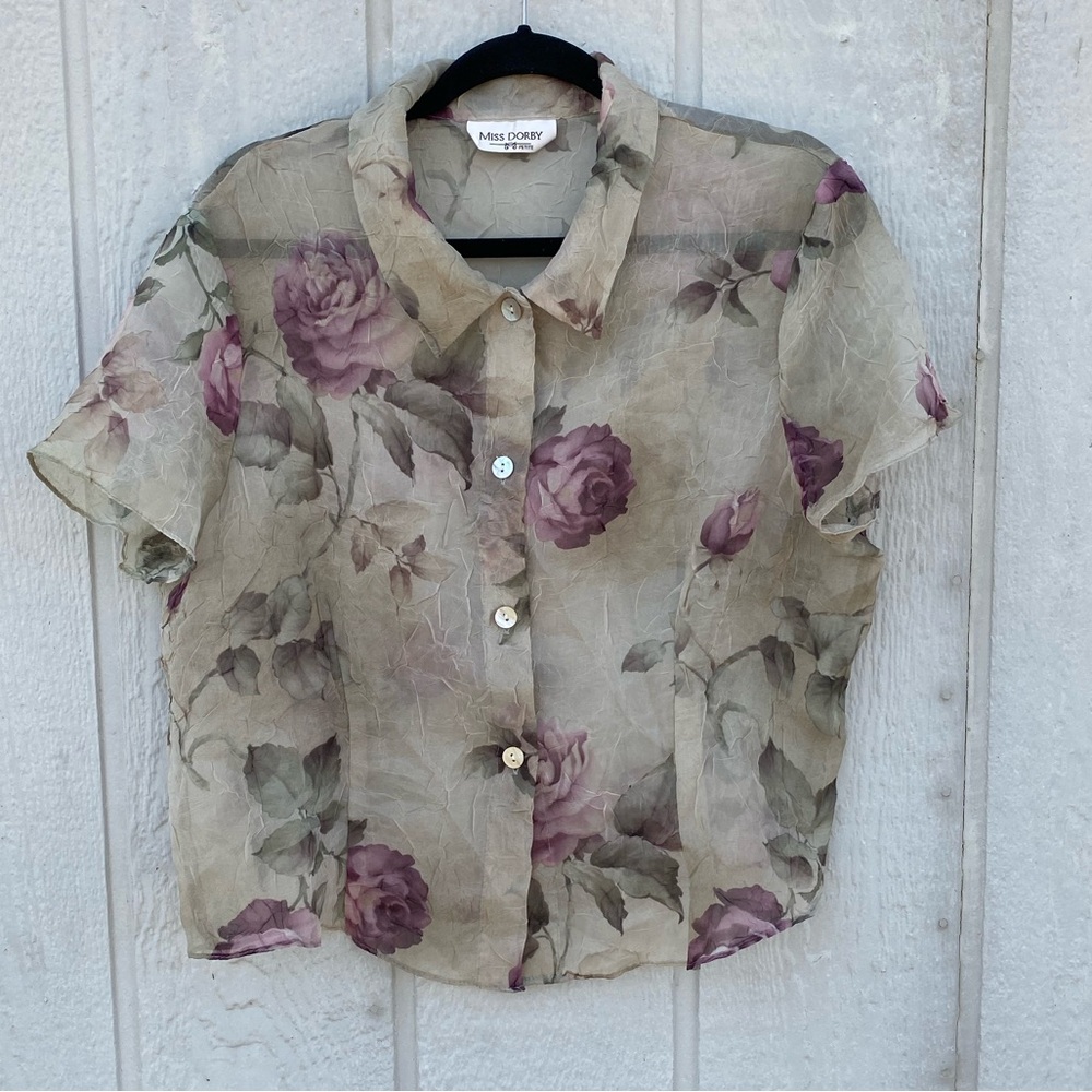 Bundle 3 for 50% off 1990s Rose Print Sheer Crinkle Poly Blouse
